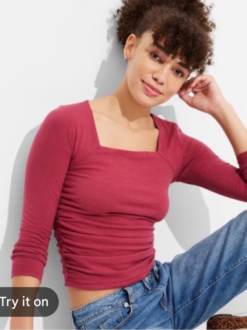 5/$25 Wild Fable Square Neck Ruched Long Sleeve Top - Raspberry